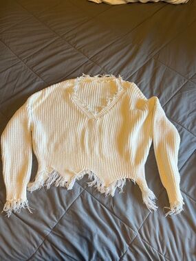 SHEIN Distressed V-Neck Cropped Sweater in Cream